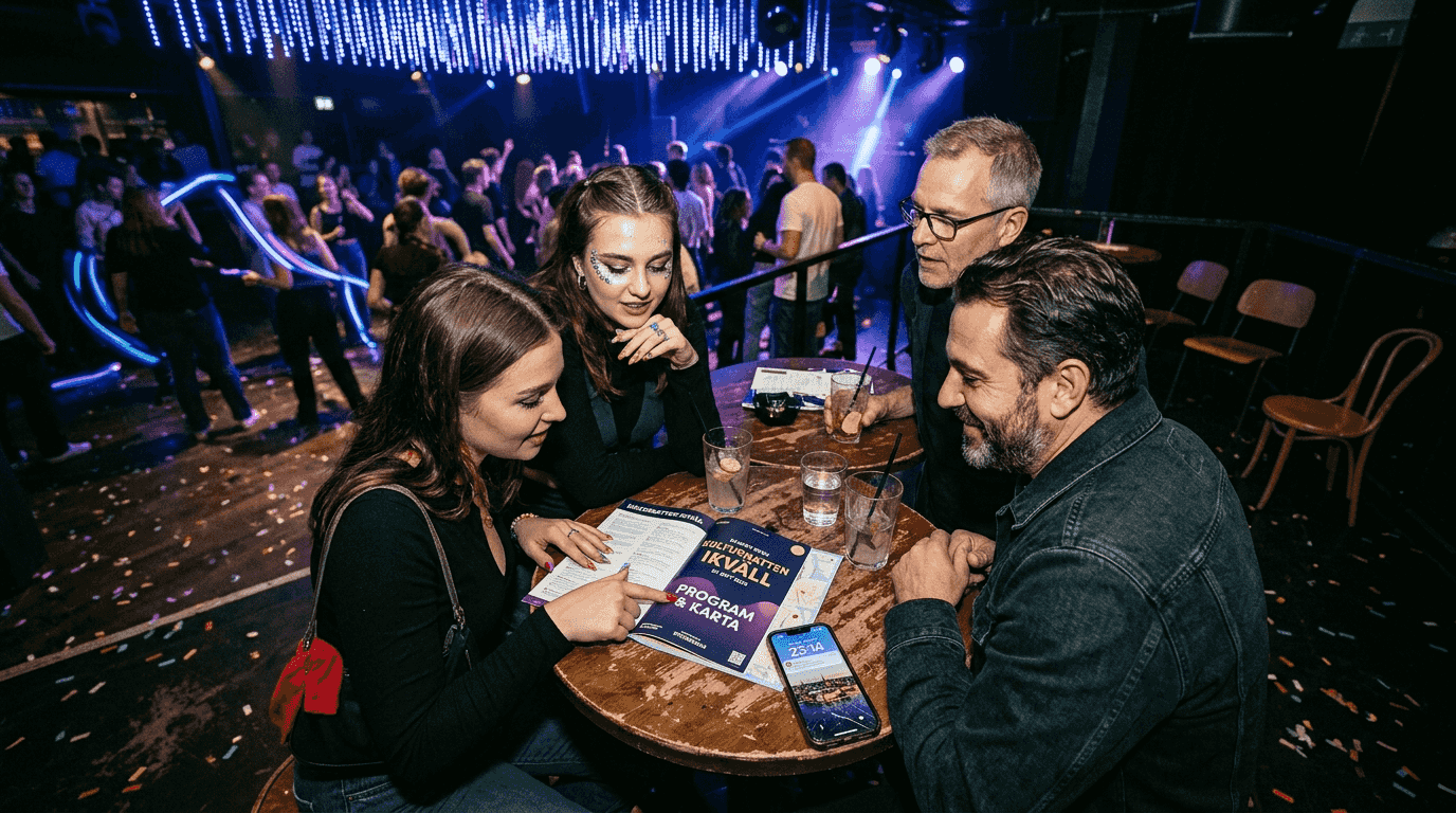 Fyra deltagare plockar ut klubbens tema från en broschyr.