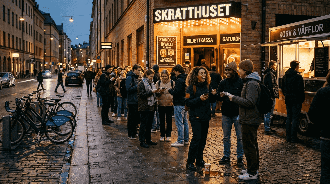 Utanför en komediklubb i Stockholm samlas folk för att mingla och vänta på kvällens show.