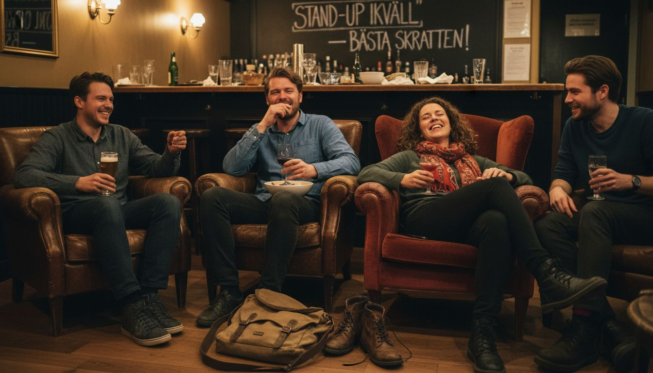 Ett gäng vänner som slappnar av tillsammans på en standupklubb efter jobbet.