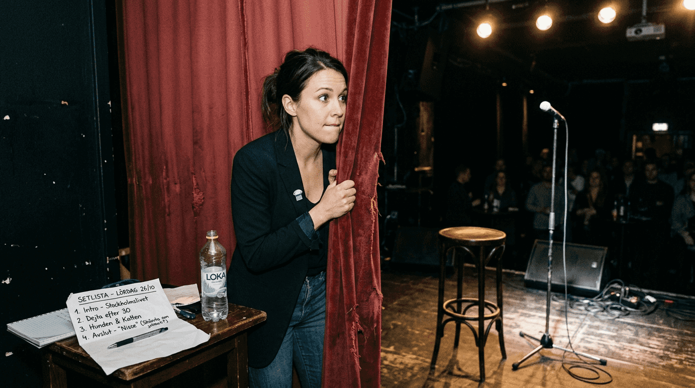 Komikern står och väntar bakom scenen i det dunkla ljuset på en liten standupklubb.