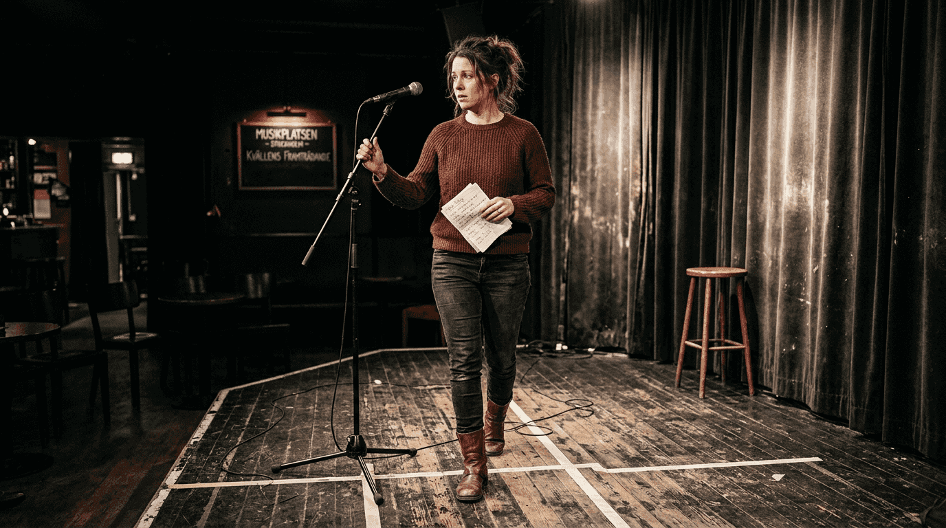 En komiker finslipar sitt material inför kvällens show på en scen i Stockholm.