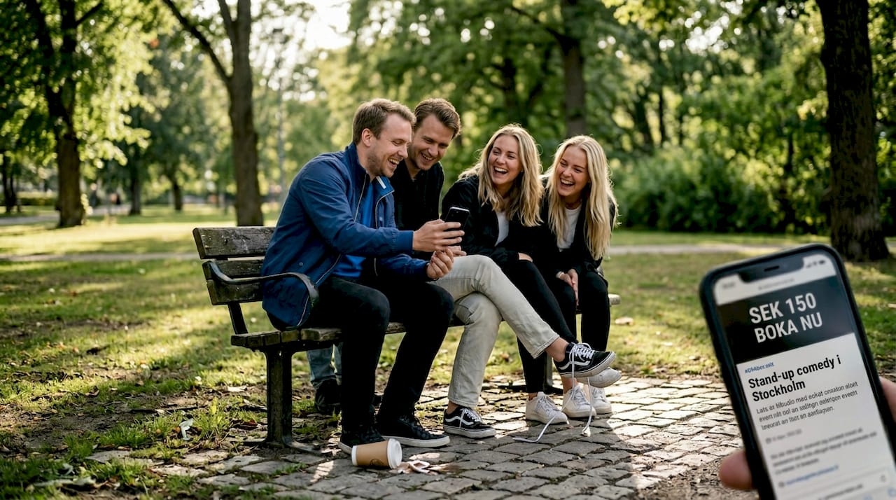 Vänner som skrattar tillsammans på en solig parkbänk