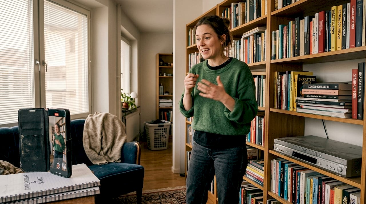 En kvinna övar på sitt standup-material hemma i vardagsrummet.