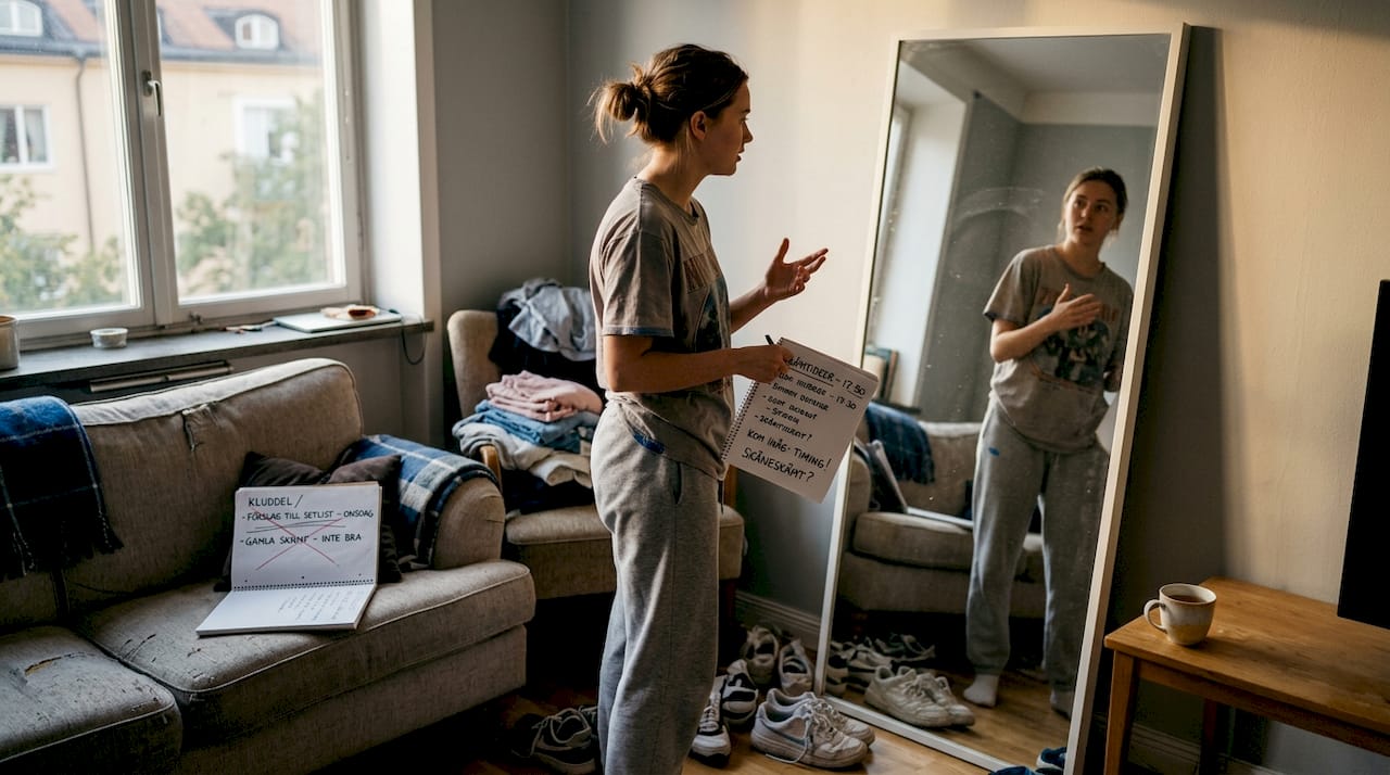 En komiker står hemma i vardagsrummet och slipar på sitt nya standup-material.