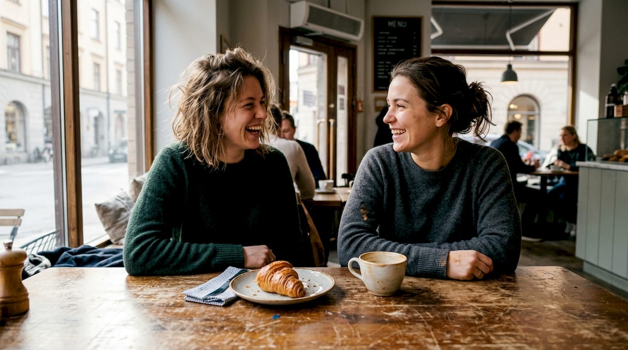 Vänner som skrattar tillsammans över en kopp kaffe på ett mysigt café i Stockholm.