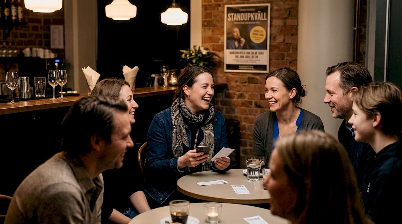 Publiken laddar upp och har roligt innan standup-showen drar igång.
