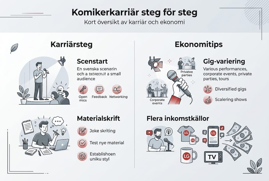 Infografik: så bygger du en karriär som komiker – steg för steg och smarta ekonomitips