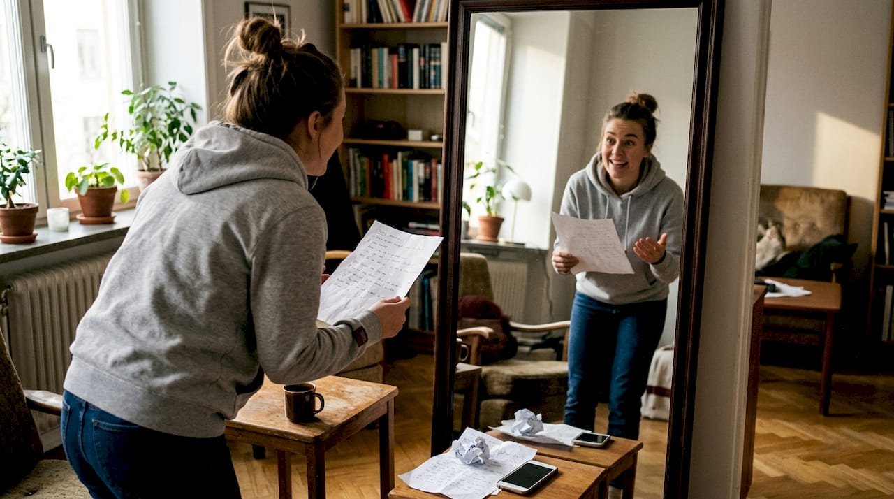 En kvinna repeterar sitt standup-material framför spegeln hemma