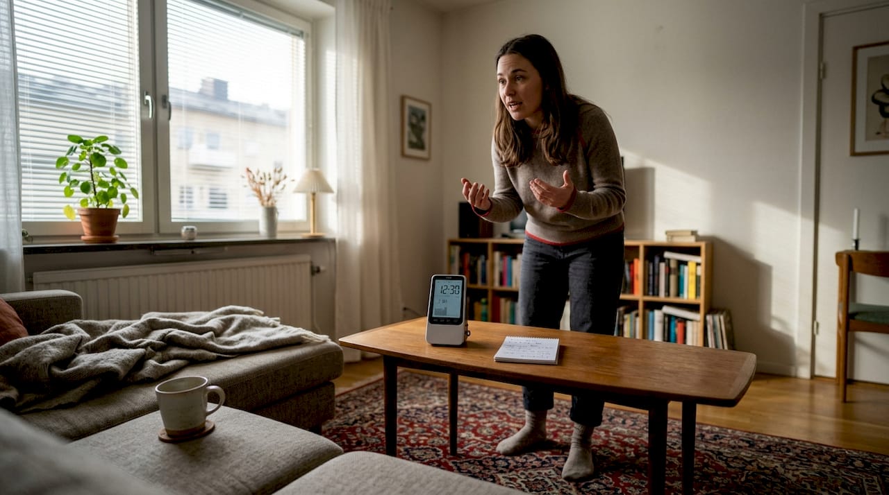 En komiker finslipar sina skämt hemma i vardagsrummet.