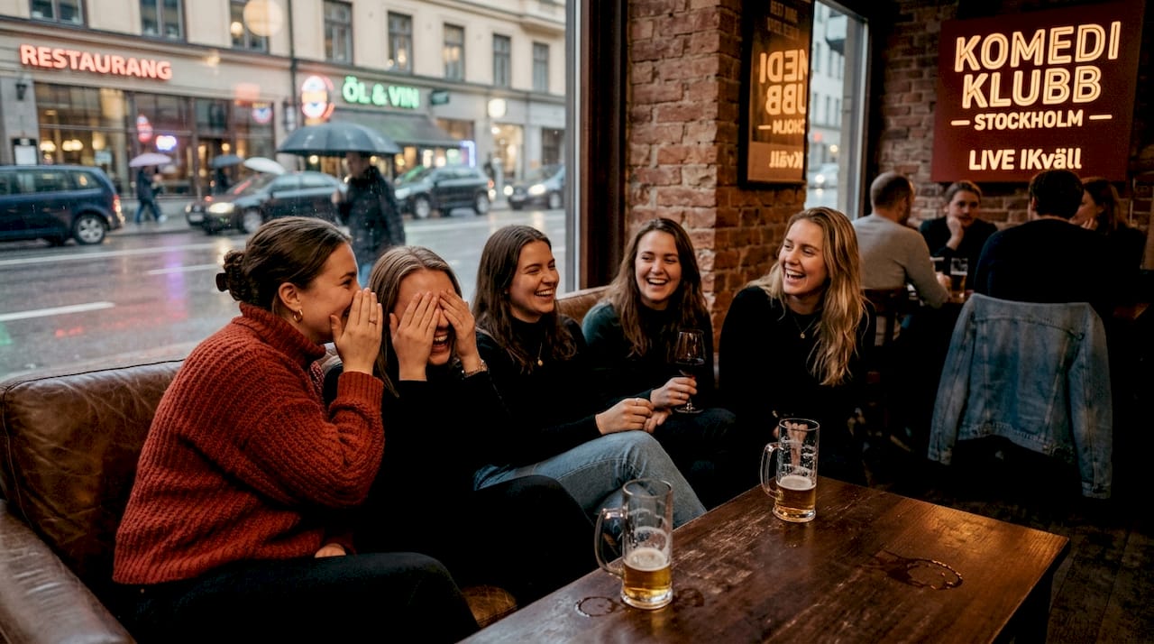 Kompisgäng som skrattar tillsammans under en standupkväll på en pub i Stockholm.