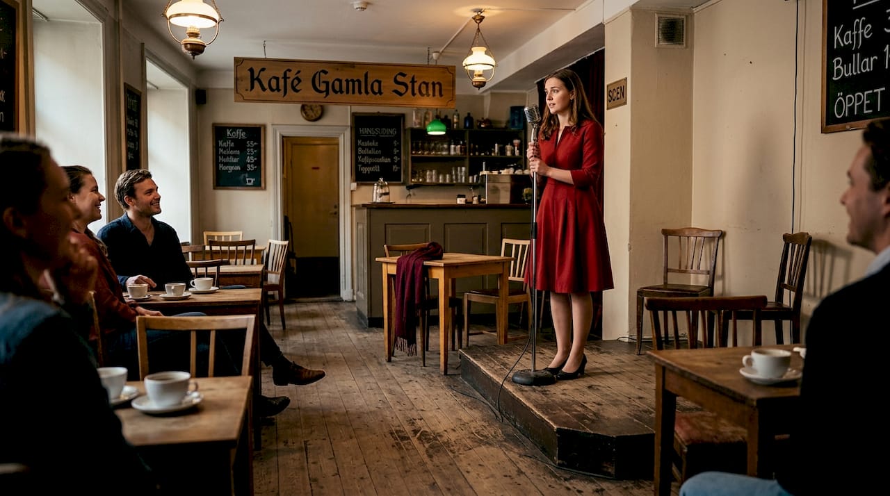 En kvinna kör standup på en bar i Stockholm.