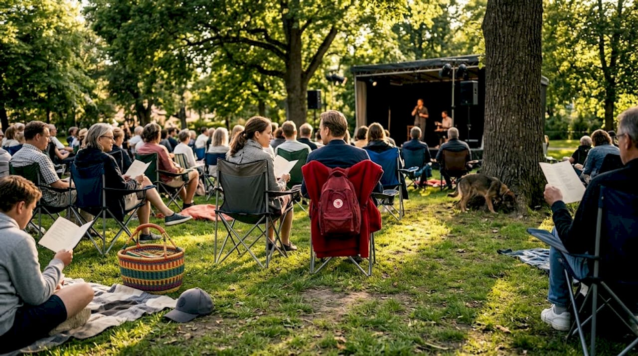 Publiken njuter av en föreställning under bar himmel på Parkteatern.