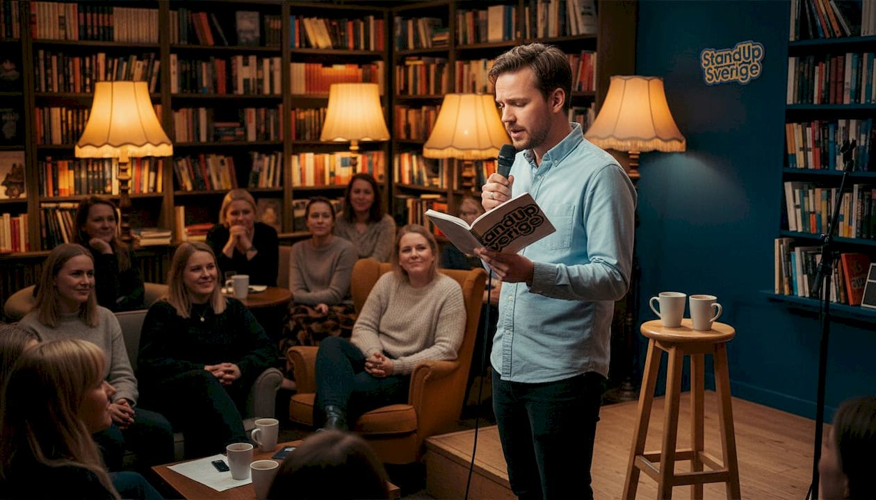 En nervös komiker försöker dra sina skämt inför publiken på en liten kaféscen.