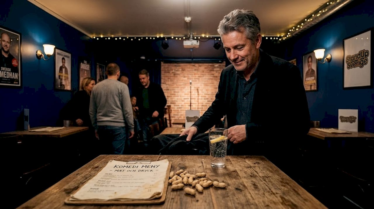 En man står och funderar på var han ska slå sig ner i humorklubben.