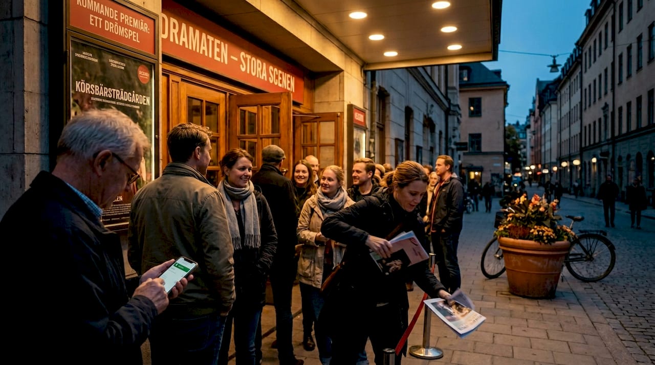 Ett gäng med biljetter står och väntar utanför evenemanget.