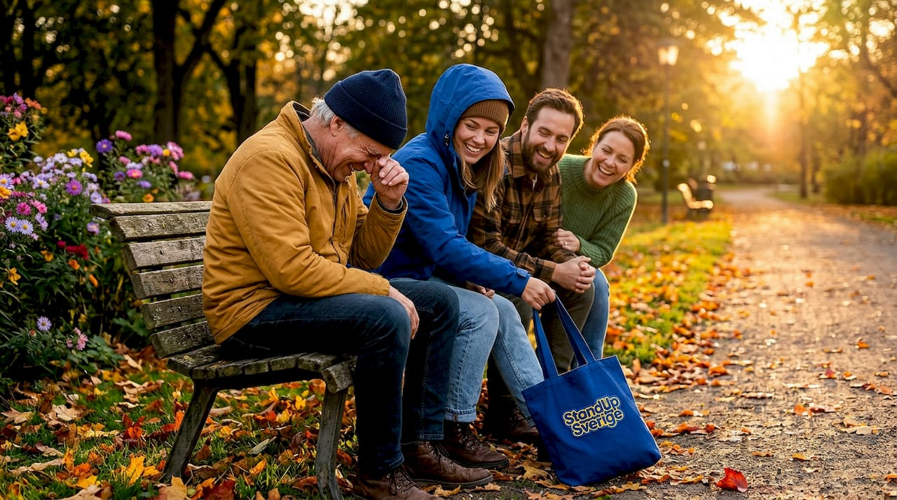 Ett gäng kompisar sitter på en parkbänk och skrattar ihop.