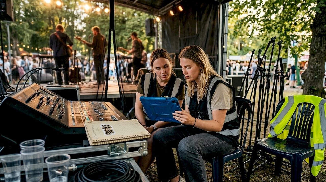 Bakom kulisserna på festivalen jobbar teknikerna för fullt med att få allt att fungera.