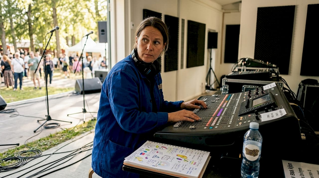 En ljudtekniker finjusterar ljudet vid mixerbordet under en livekonsert.