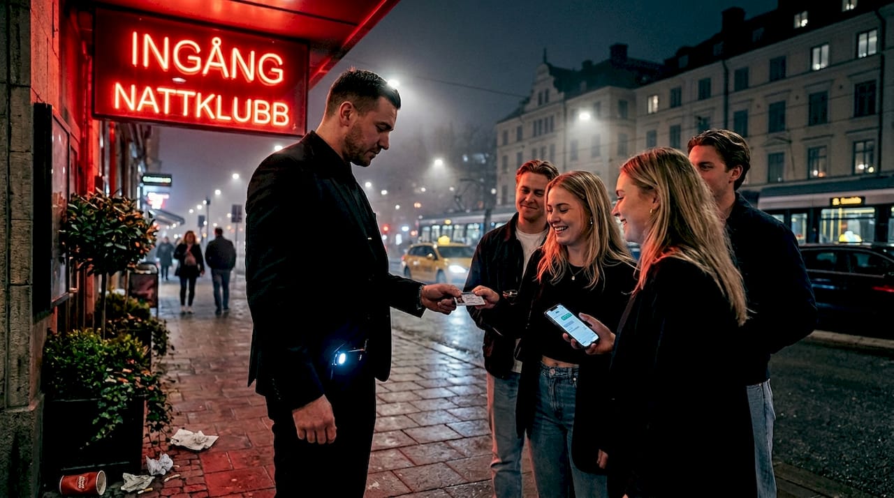 Vakten står vid klubbens entré och kollar legitimation på gästerna.