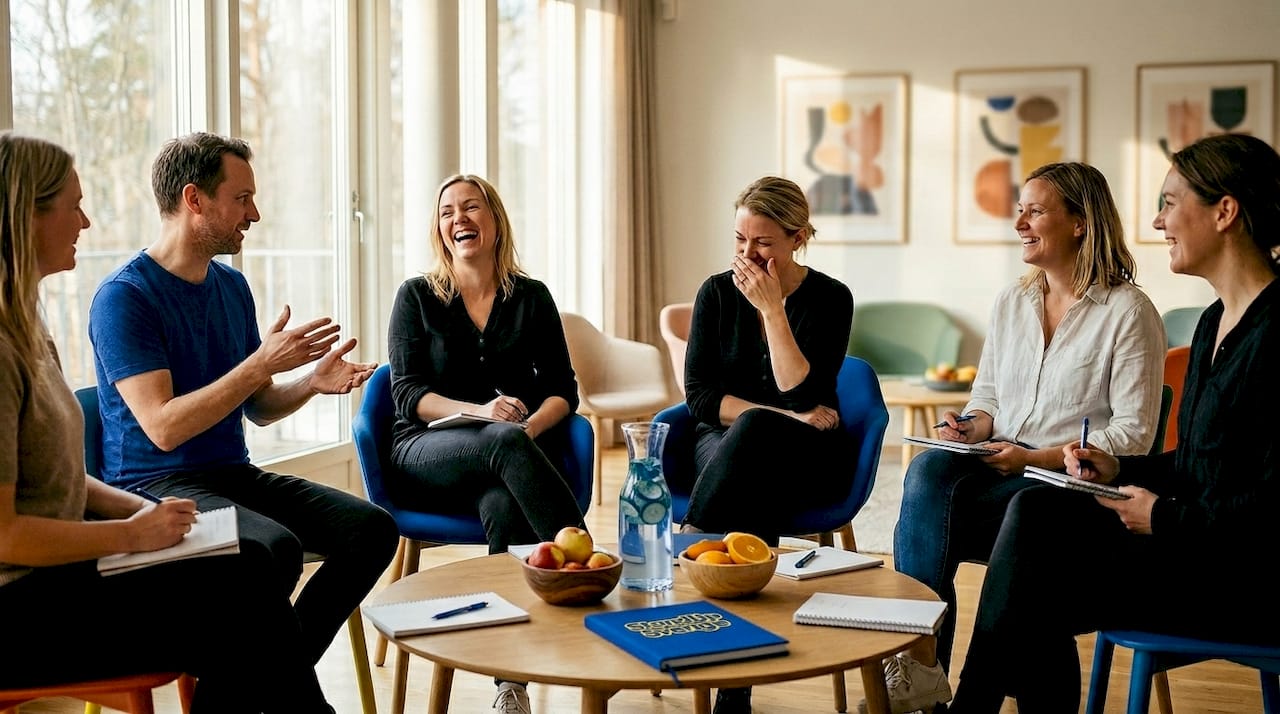 Deltagare i improvisationsgruppen skrattar tillsammans