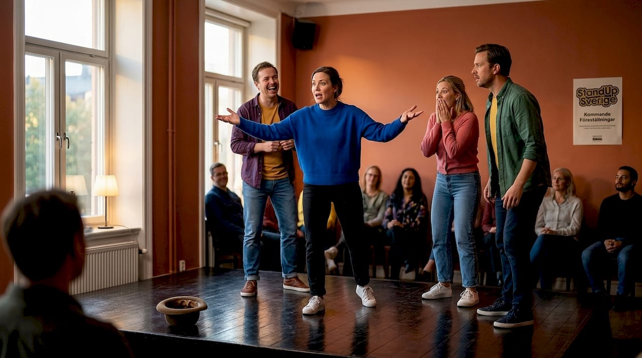 Improvisationsskådespelare hittar på en scen i stunden