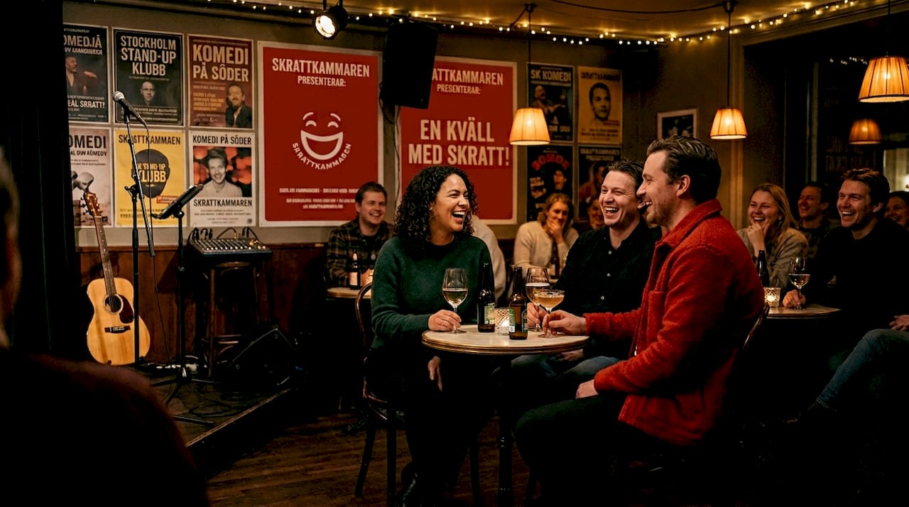 Stämningen är på topp när publiken skrattar och njuter av musiken på klubben.