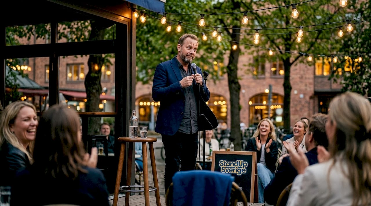 Komikern tar en paus på scenen medan skrattet fyller lokalen.