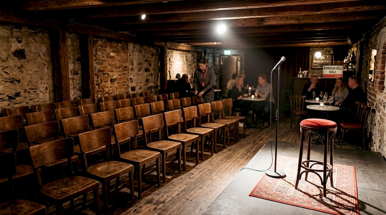 En liten, intim standupklubb med scen och publikplatser.