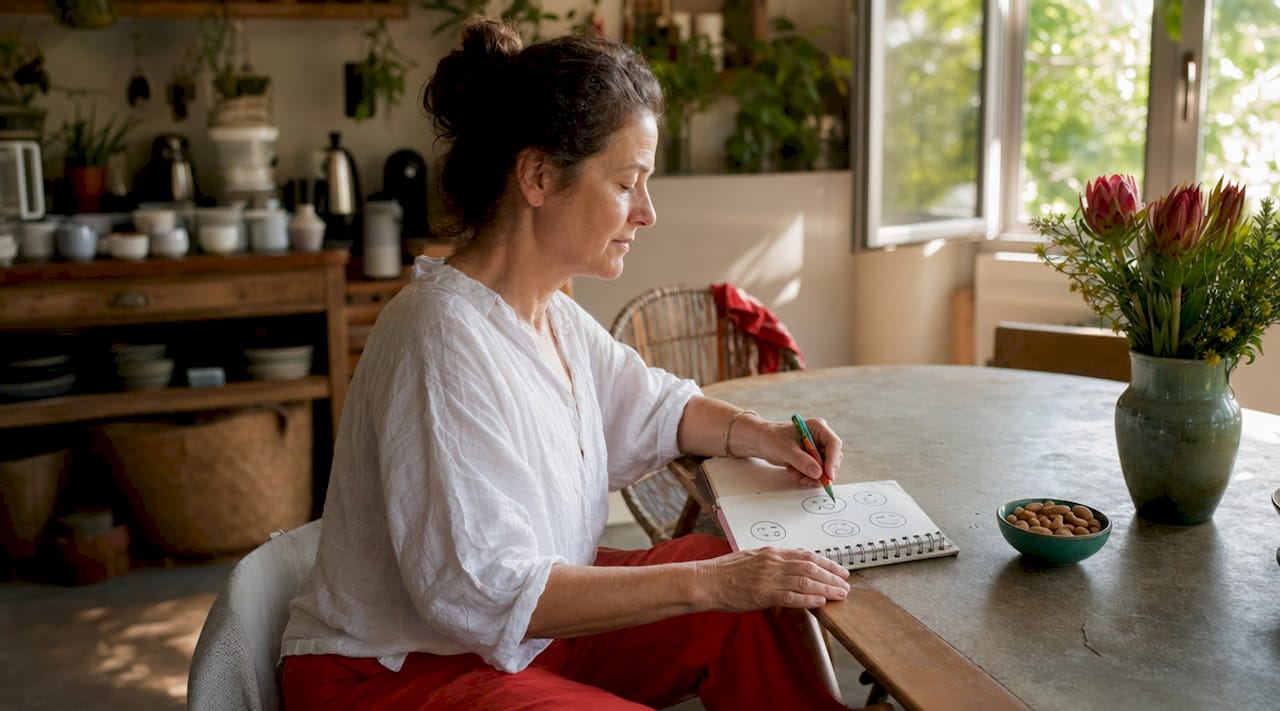 Ett par händer som håller en kopp kaffe bredvid en anteckningsbok – en bild som fångar olika sätt att se på humor.