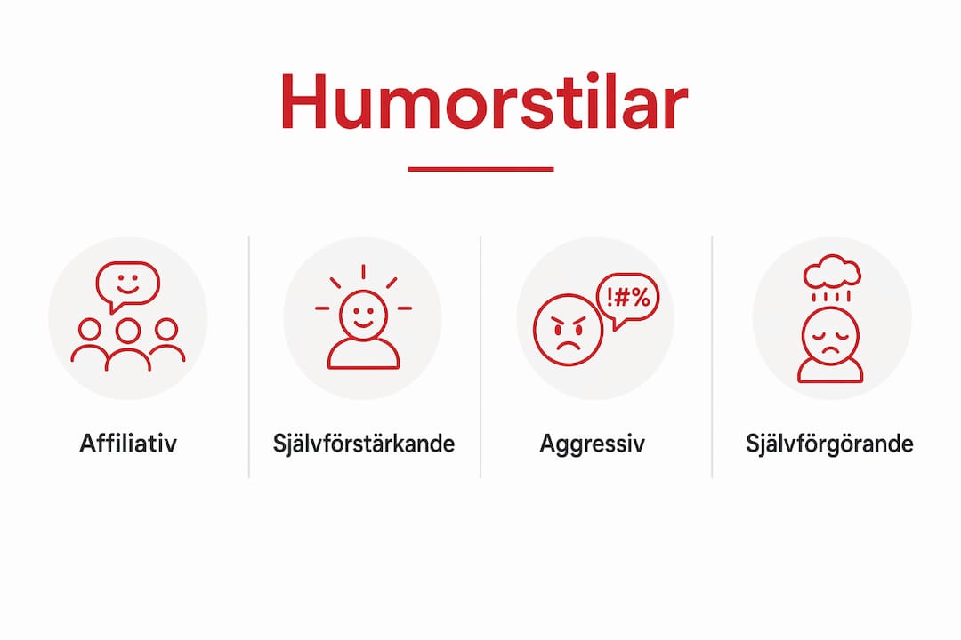 En överskådlig infografik som presenterar de fyra vanligaste humorstilarna i en tydlig rangordning.