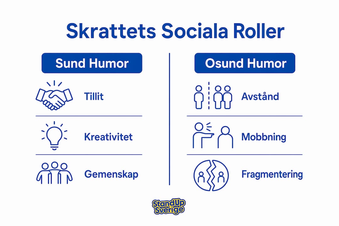 Informationsgrafik som visar skillnaderna mellan positiv och negativ humor – hur de påverkar oss på olika sätt.