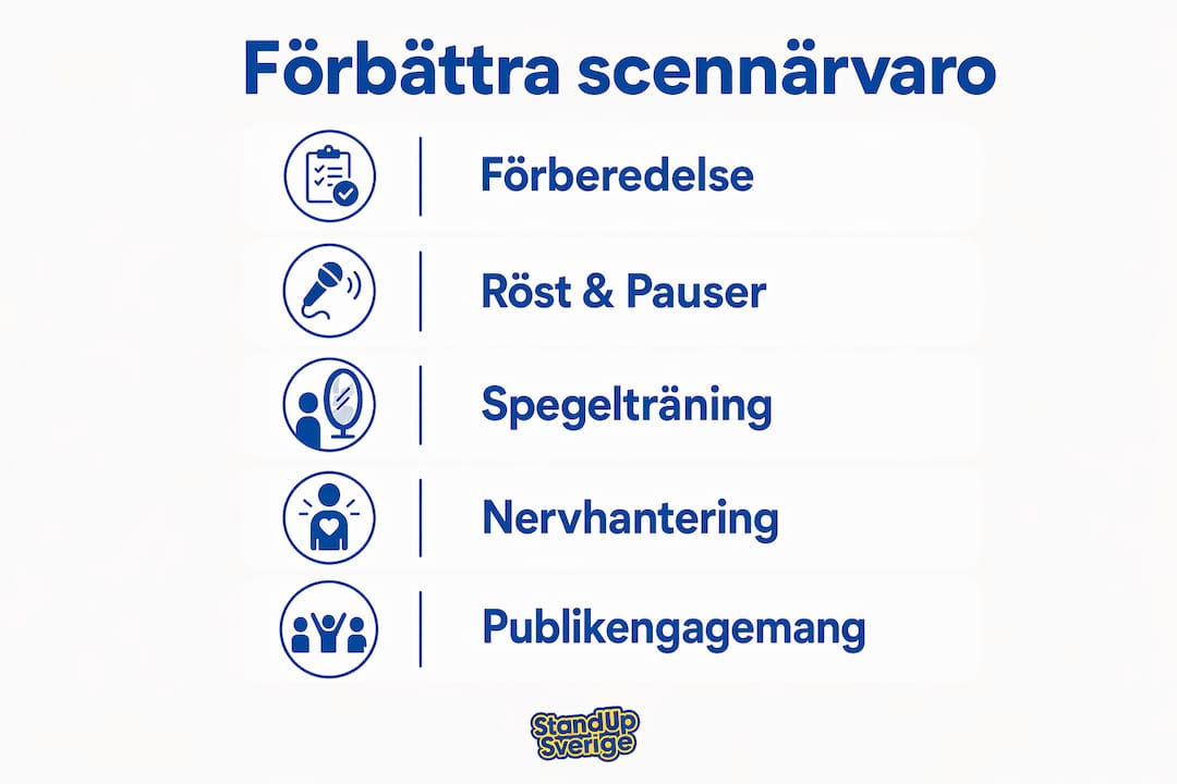 Grafik som visar konkreta tips för hur du kan stärka din scennärvaro som standupkomiker