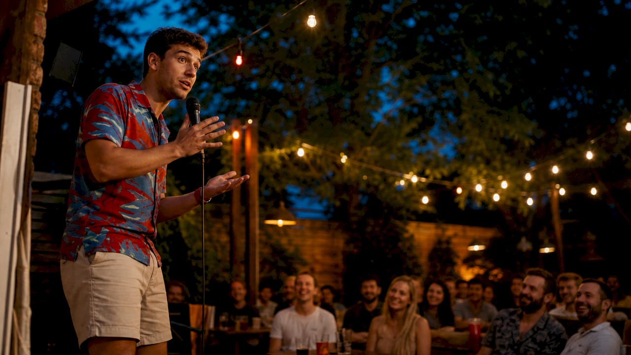Komikern tar plats på scenen och förstärker sin standup-karaktär med livfulla gester och kroppsspråk.