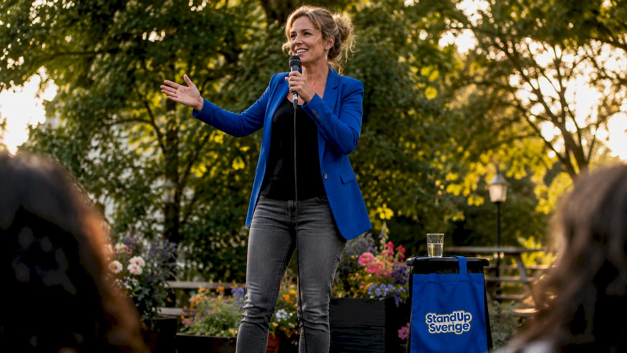 En kvinnlig ståuppkomiker intar scenen och bjuder på skratt.