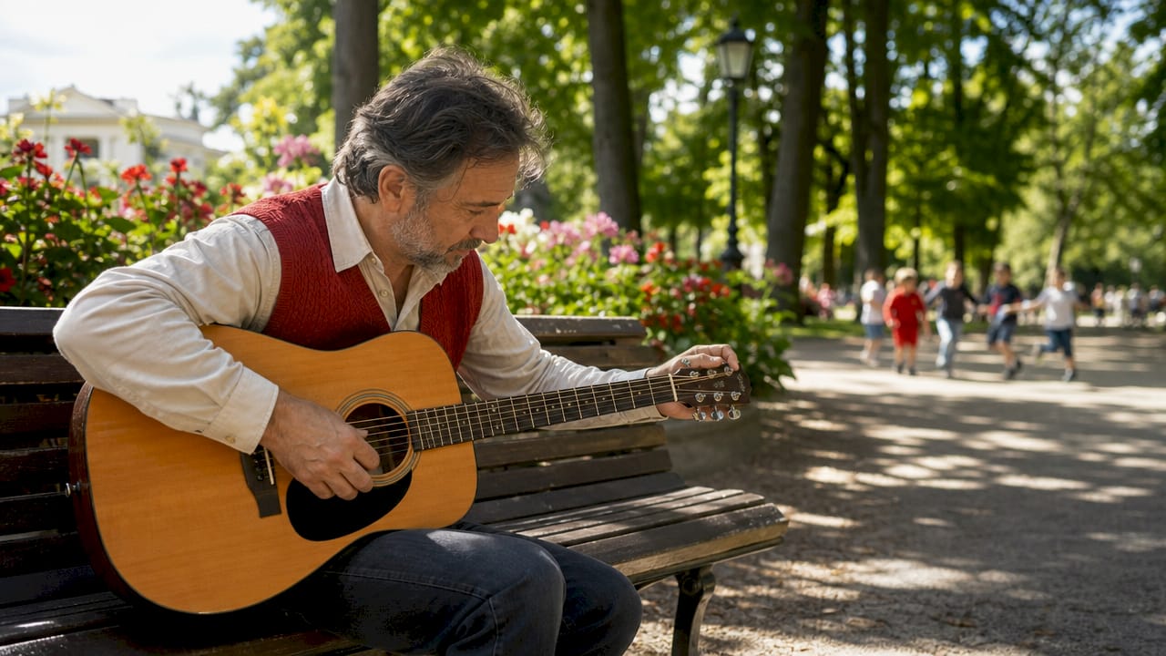 En man sitter ute i parken och stämmer sin gitarr.