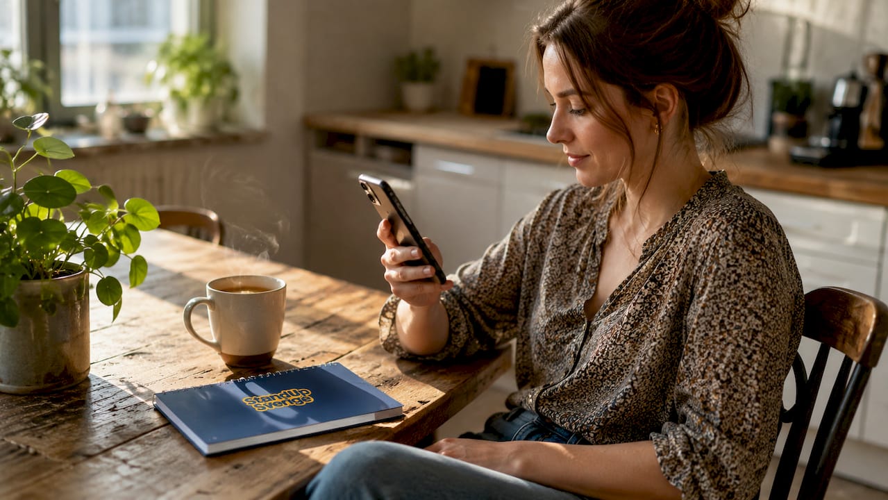 Kvinna bokar biljetter till en ståuppshow direkt i mobilen.