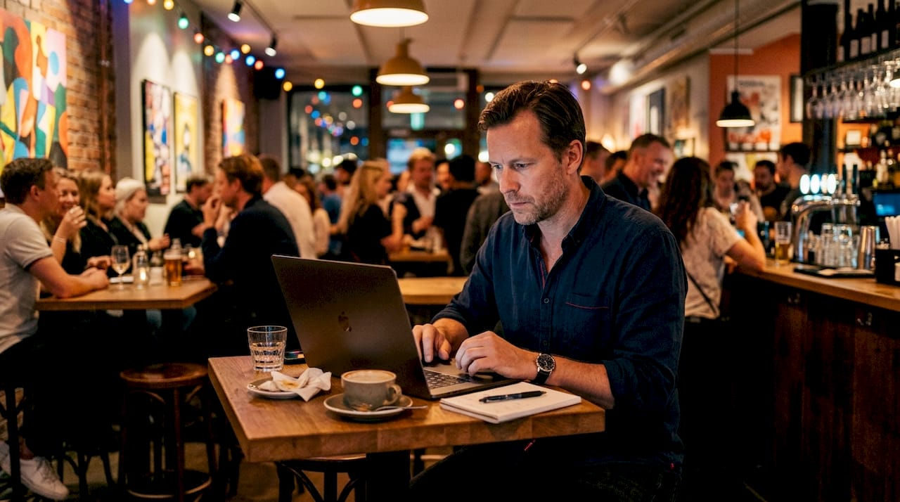 En man sitter hemma och letar efter roliga komiker på nätet.
