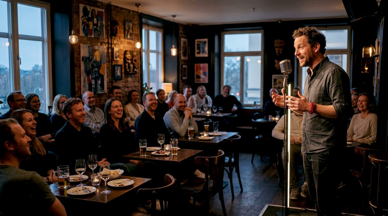 En varm och inbjudande standupklubb där publiken skrattar och har det riktigt trevligt.