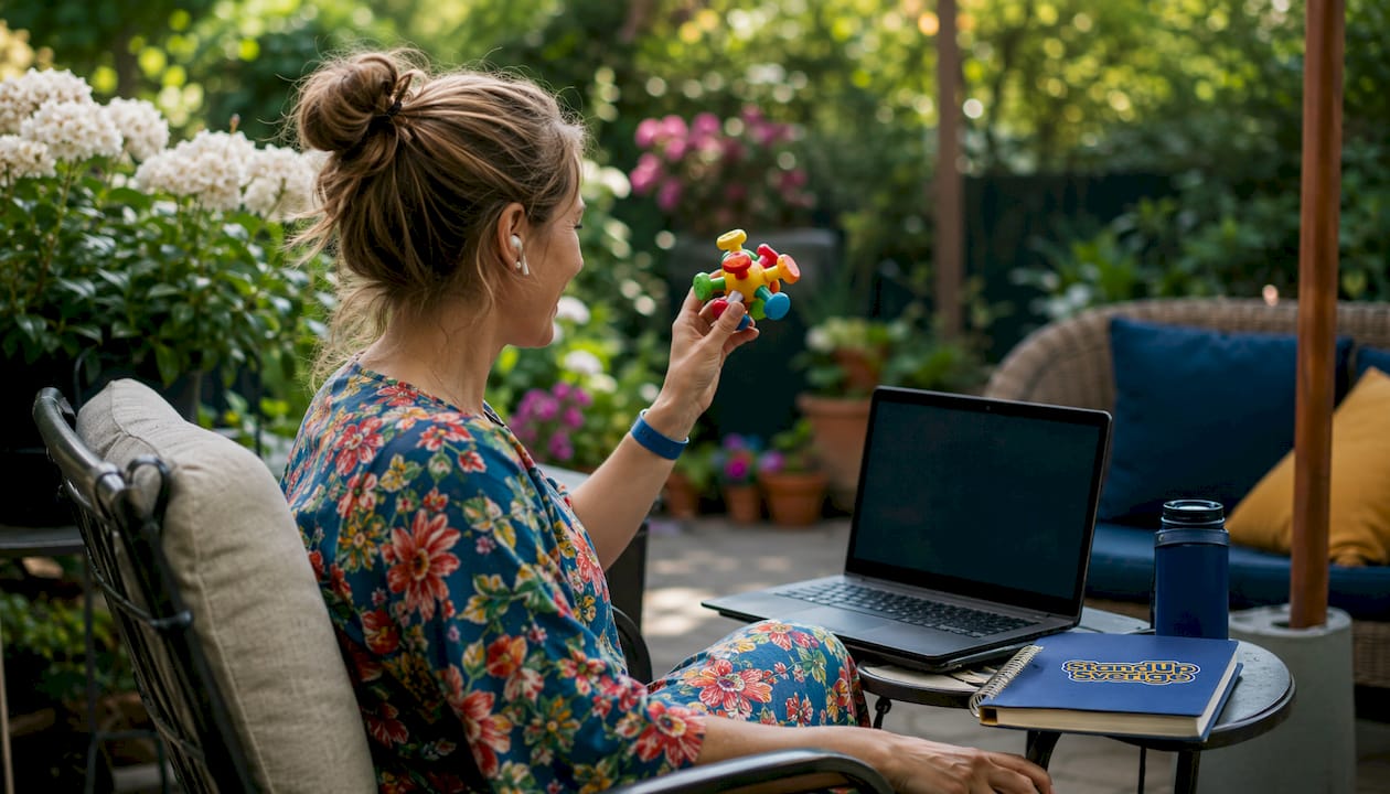 Kvinna visar upp ett föremål under ett digitalt möte hemma