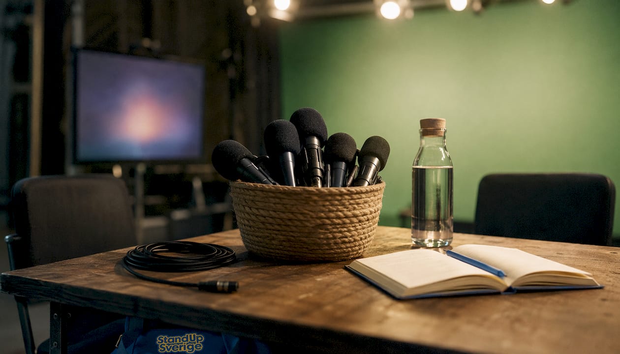 Ett tomt greenroom i tv-studion, där en mikrofon och ett manus ligger kvar på bordet.