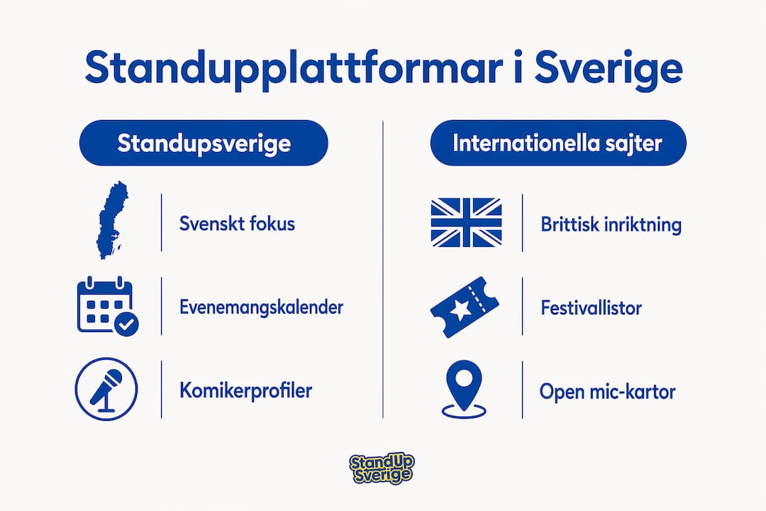 En överskådlig infografik som visar skillnader och likheter mellan svenska och internationella plattformar för standup.