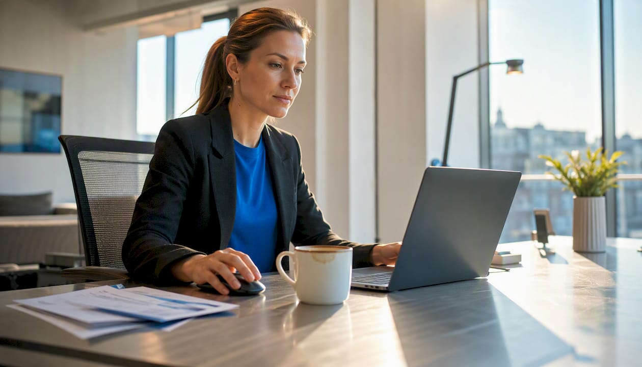 En kvinna sitter vid datorn och bokar biljetter online.