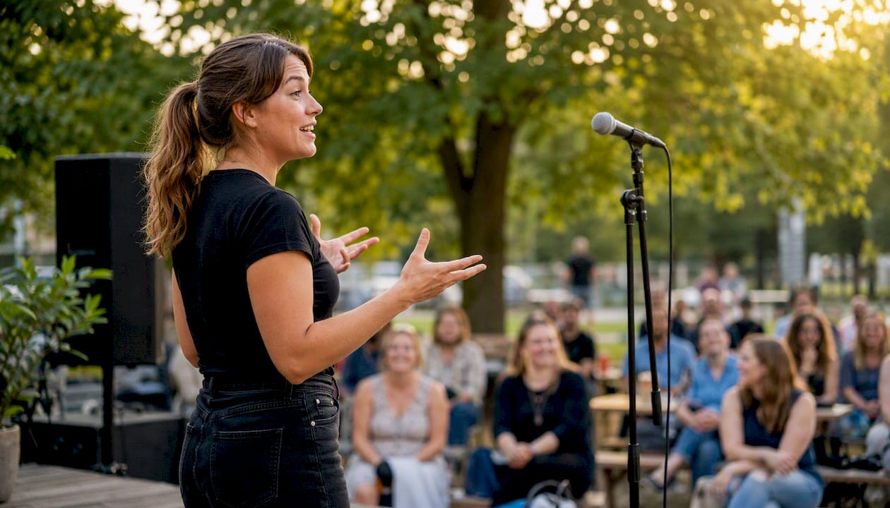 En kvinna står på scenen och övar på sitt standup-material inför en kommande show.
