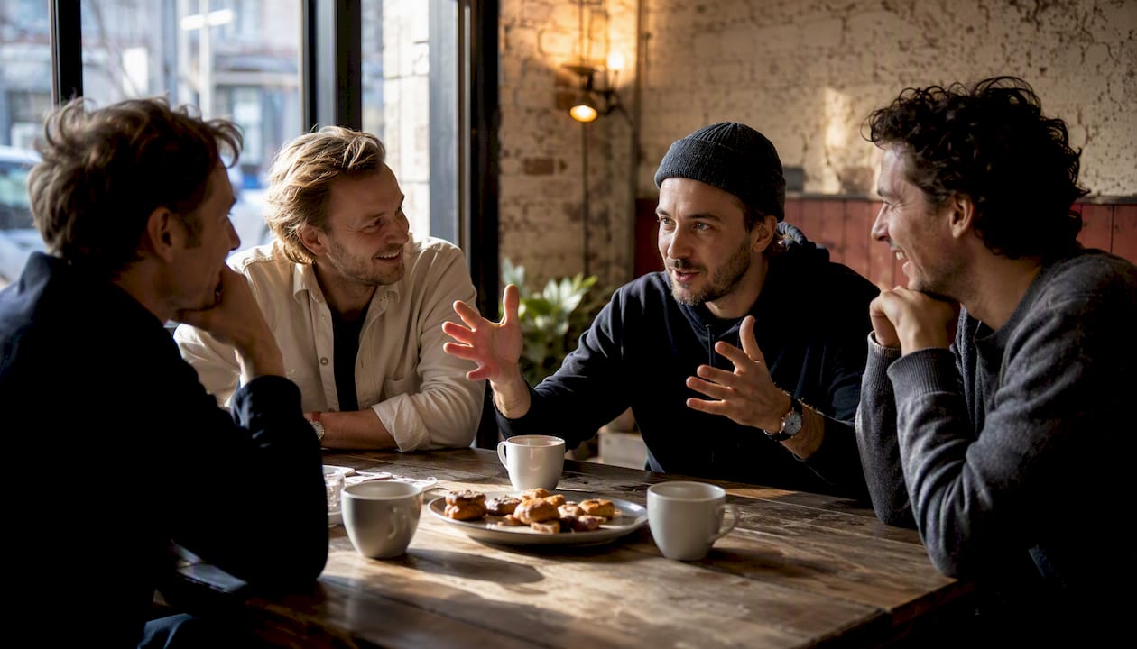 Komiker som ger varandra feedback under repetitionerna