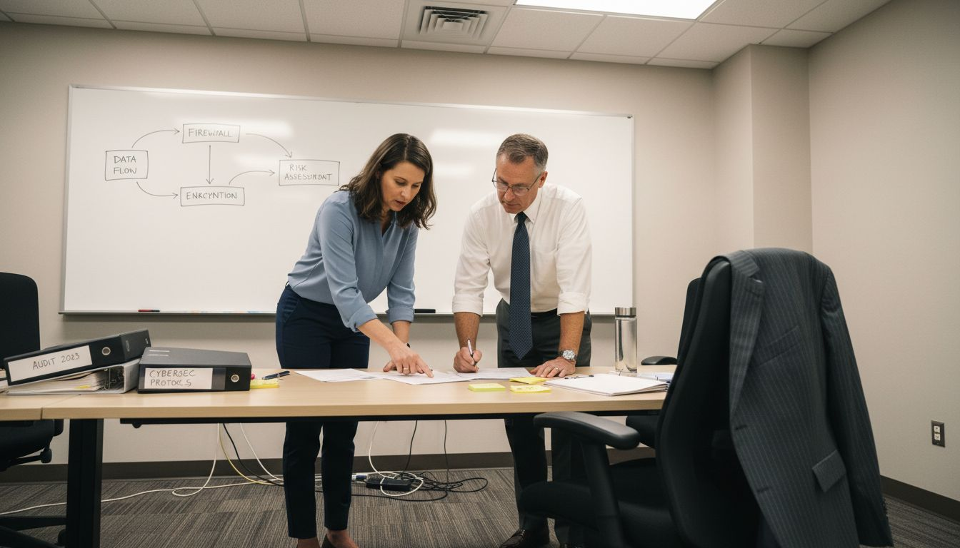 Team reviews cybersecurity checklist in meeting