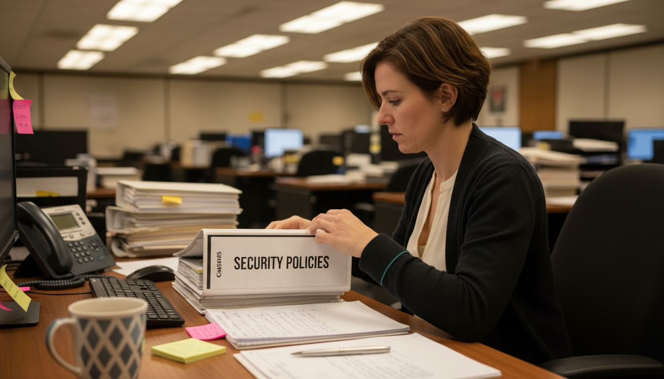 Legal professional reviewing security policy binder