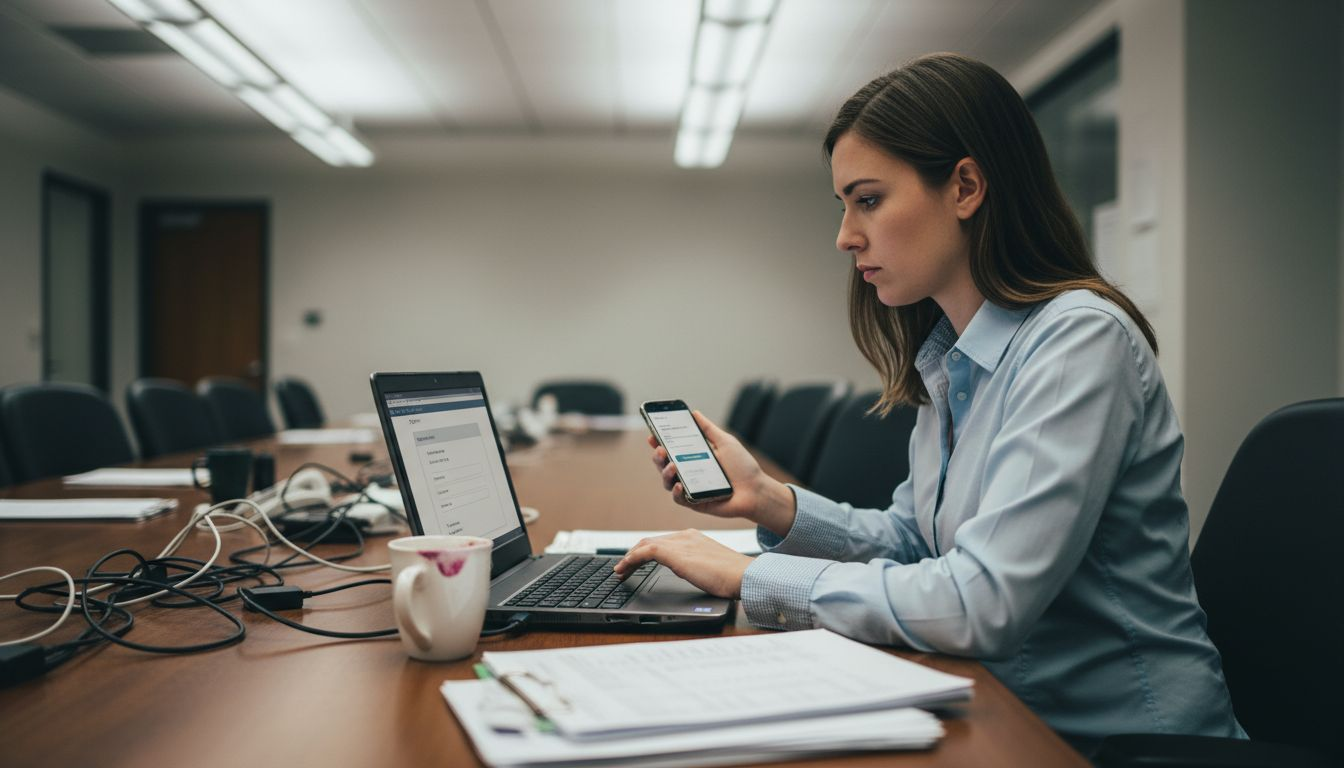 Employee enters authentication code at conference table