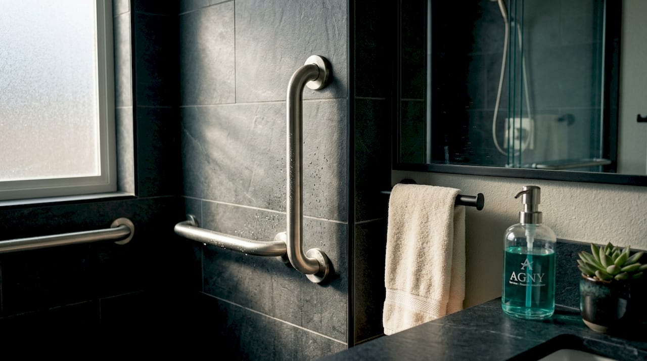 Stainless steel grab bars installed in bathroom