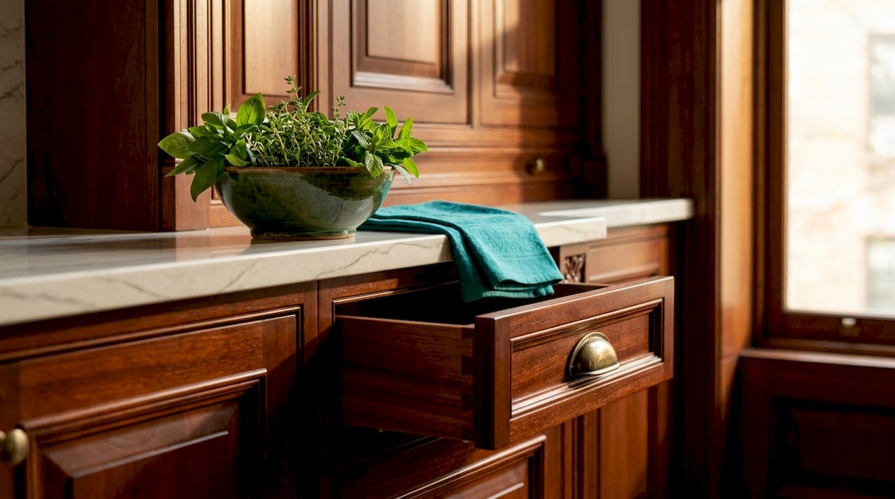 Detail of classic kitchen cabinetry and countertop craftsmanship