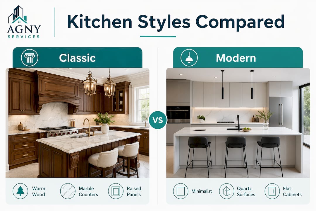 Infographic comparing classic and modern kitchen styles